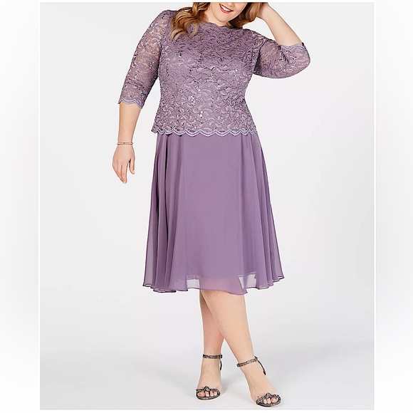 💜ALEX EVENINGS SEQUINED LACE TEA COCKTAIL A-LINE DRESS IN ICY ORCHID 20W - Picture 1 of 4
